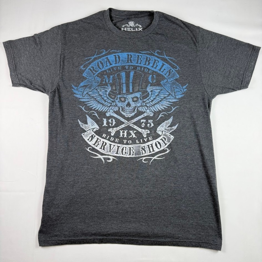 Helix Mens Road Rebels MC Skull Graphic T-Shirt Charcoal Gray Large 1975 Biker